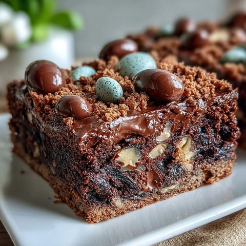Cadbury Egg Chocolate Brownies with Crumbled Top: fudgy brownies packed with Cadbury mini eggs and topped with a crunchy chocolate crumble.  