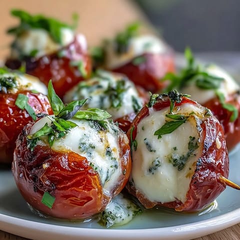 Caprese skewers with pesto drizzle, showcasing cherry tomatoes, mozzarella, and fresh basil on a serving platter.