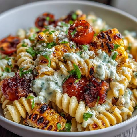 Creamy Mexican Street Corn Elote Pasta Salad with charred corn and cotija cheese.