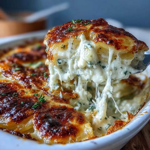 Creamy Au Gratin Potatoes with golden bubbly cheese and tender Yukon Gold layers baked in rich garlic cream sauce.