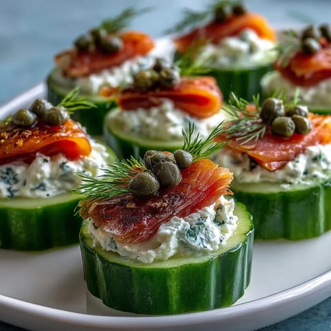 Creamy dill-infused cheese on crisp cucumber slices, finished with smoked salmon and fresh herbs for a refreshing bite.  