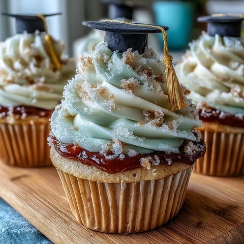 Simple Graduation Cupcakes with Cap Fondant Toppers: moist vanilla cupcakes topped with smooth buttercream and charming black fondant graduation caps.