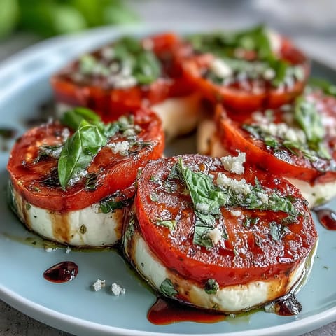 Fresh Caprese salad with basil oil drizzle, showcasing ripe tomatoes, creamy mozzarella, and fragrant basil on a white platter.