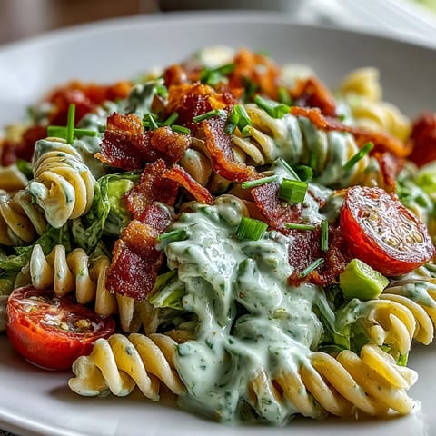 Vibrant BLT pasta featuring al dente rotini, smoky bacon, ripe cherry tomatoes, and a rich avocado ranch sauce for a fresh twist.  