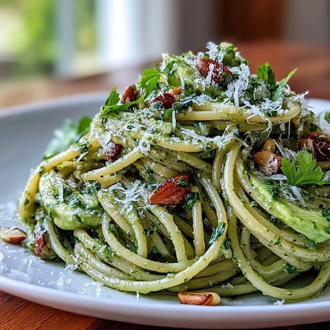 Creamy Avocado Pesto Pasta with vibrant green sauce, a quick no-cook delight.