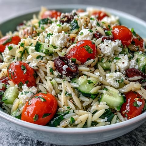 Bright Orzo Salad with Cucumber, Feta, and Lemon Dressing, a refreshing side.