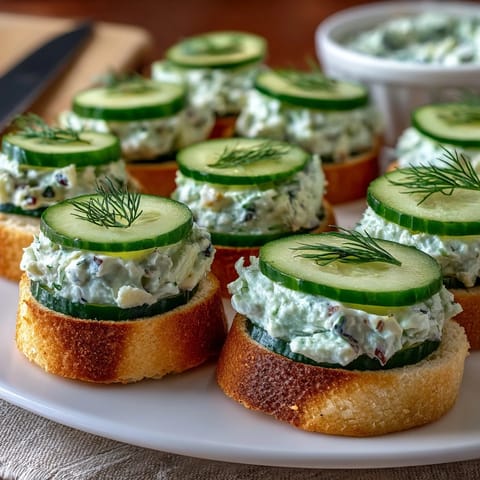 Cucumber Derby Day Benedictine Canapés with creamy filling, garnished with fresh dill.