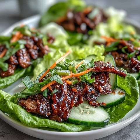 Tavern-style Korean BBQ Beef Lettuce Wraps, piled high with kimchi and fresh veggies.