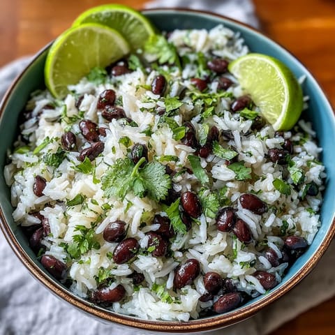 Fresh Coconut Lime Rice with Black Beans and cilantro, a vibrant side dish.