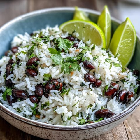 Bright Coconut Lime Rice with lime zest, beans, and fresh cilantro.