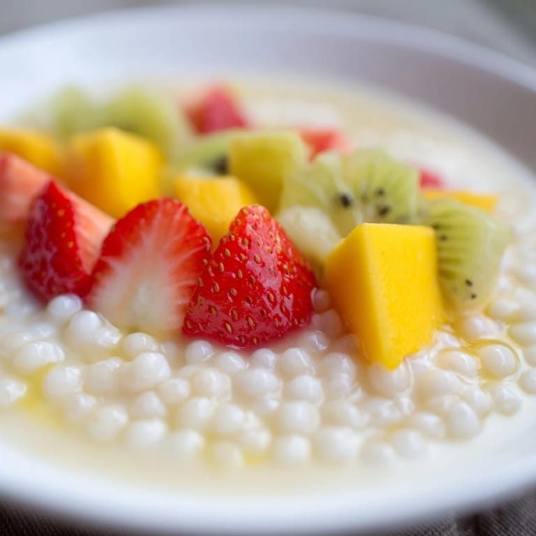 A close-up of chilled tapioca pudding, highlighting the translucent pearls and sweet vanilla flavor.