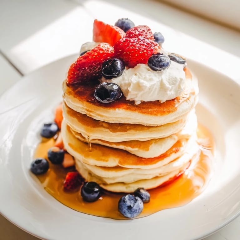 Golden-brown silver dollar pancakes, served with fresh berries, perfect for a cozy brunch.