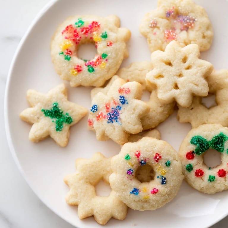 Freshly baked Spritz Cookies, a classic melt-in-your-mouth treat ready to be enjoyed with a warm drink.
