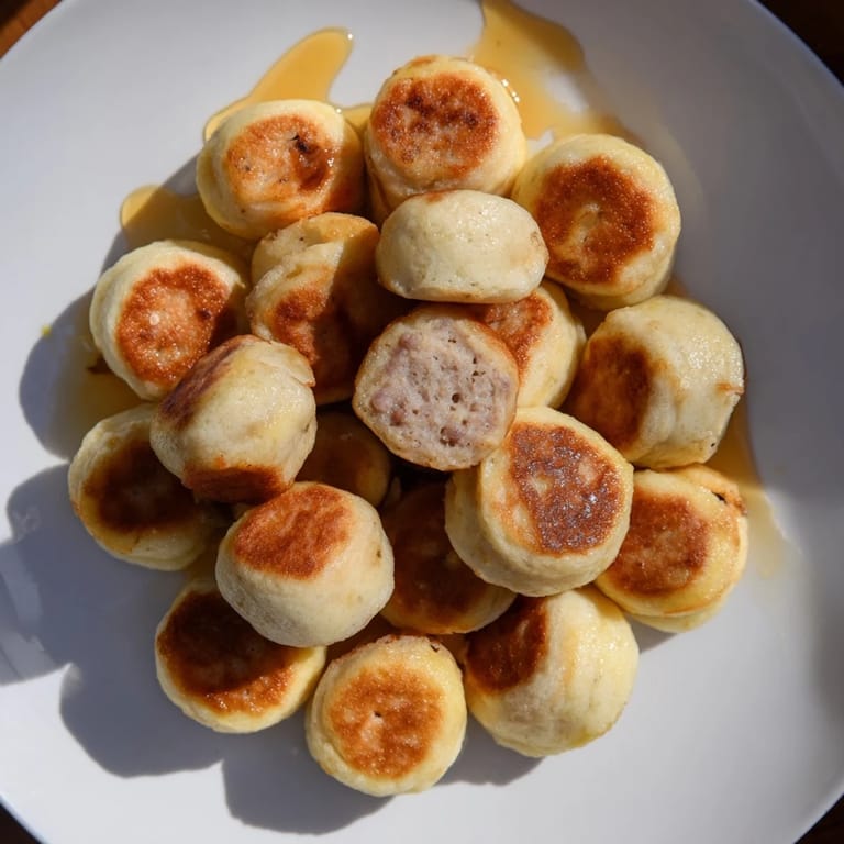 Mini Pancake Bites, perfectly spherical, with a fluffy interior and fruit bursting from their centers.