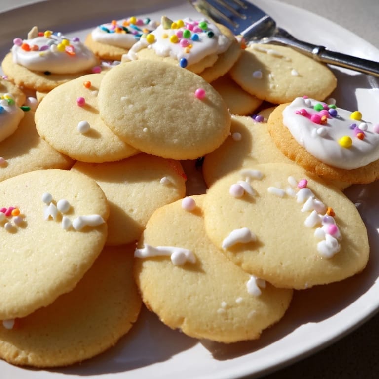 Freshly baked butter cookies, decorated with sprinkles; imagine the delightful, buttery aroma.
