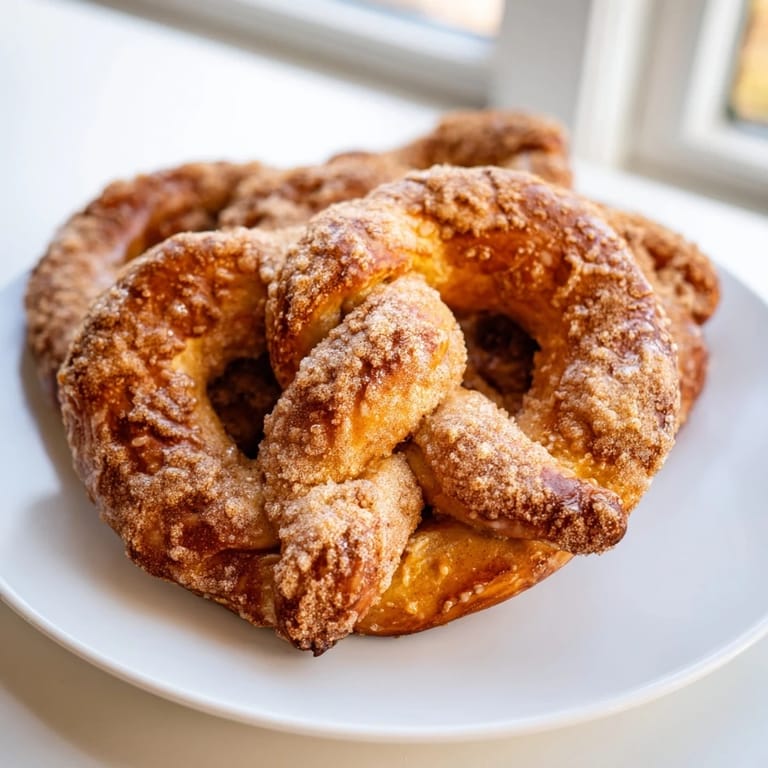 Close-up of freshly baked cinnamon sugar pretzels, perfectly coated in sweet, spiced sugar.
