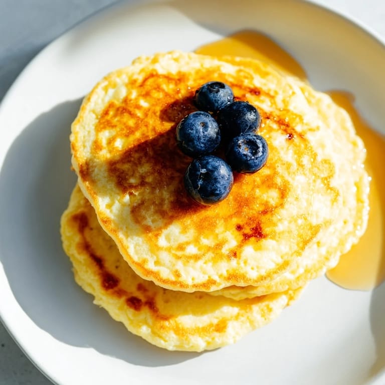 Warm, homemade cottage cheese pancakes served with fresh berries, offering a sweet and tangy bite.
