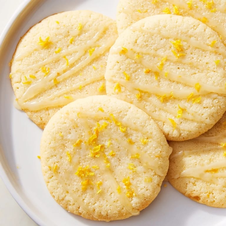 Sweet, glazed Lemon Sugar Cookies arranged on a cooling rack, a perfect dessert.