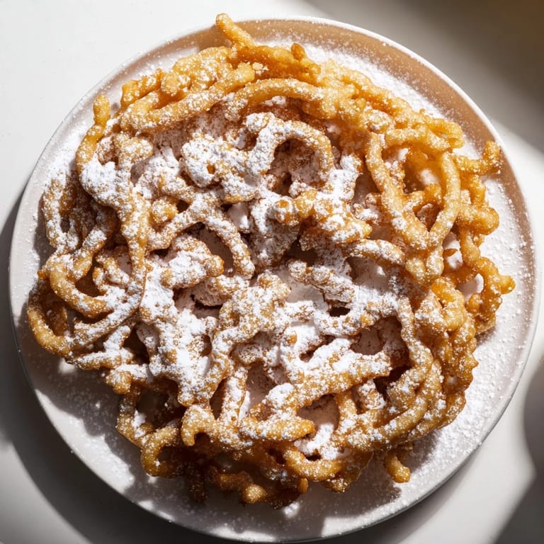 A close-up view of freshly fried funnel cakes, with lacy edges and sweet, sugary perfection.