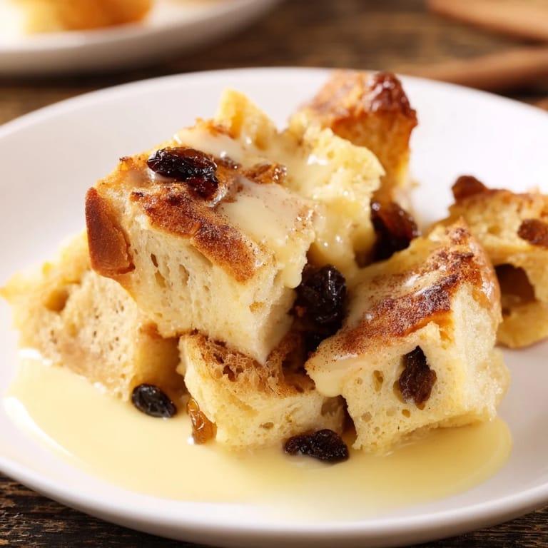 Delicious and comforting bread pudding, served warm with a sweet, vanilla-infused sauce for dessert.