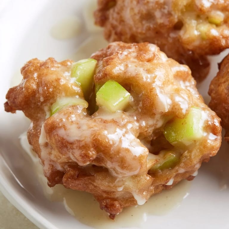 A close-up of fresh, homemade apple fritters, with visible apple pieces, coated in glistening glaze.