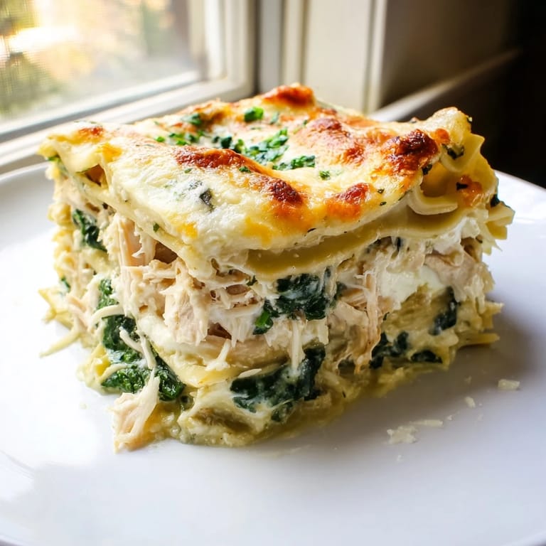 Steam rises from a freshly baked Chicken Alfredo Lasagna, revealing gooey mozzarella, tender chicken, and spinach nestled in creamy Alfredo.
