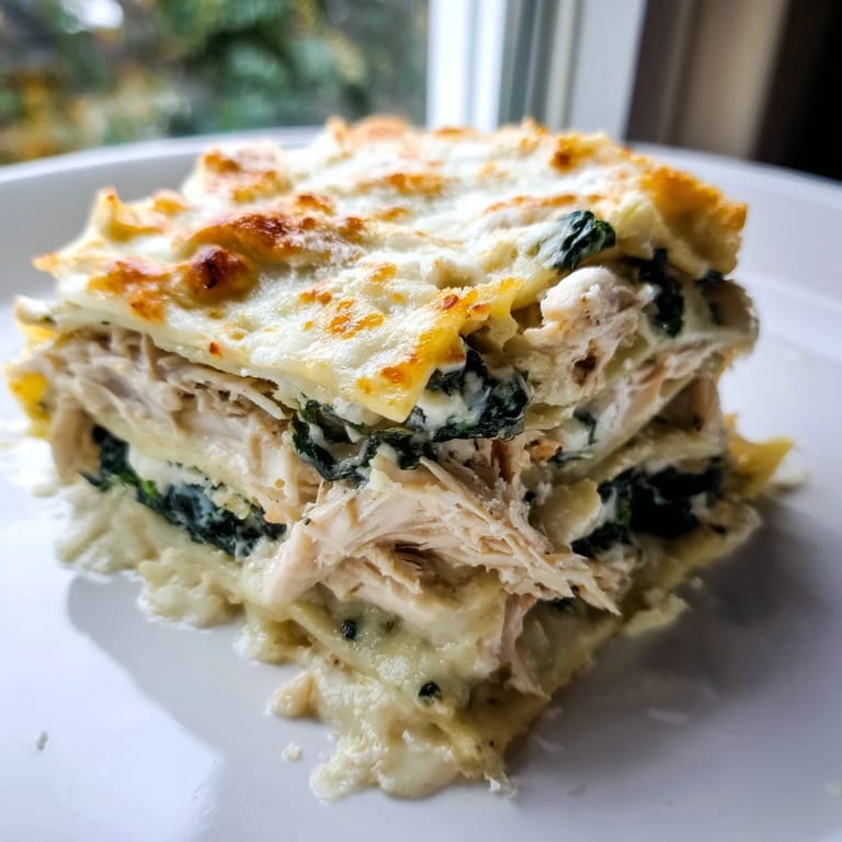 Sliced squares of Chicken Alfredo Lasagna are served on a white plate, garnished with fresh parsley and beside a green salad.