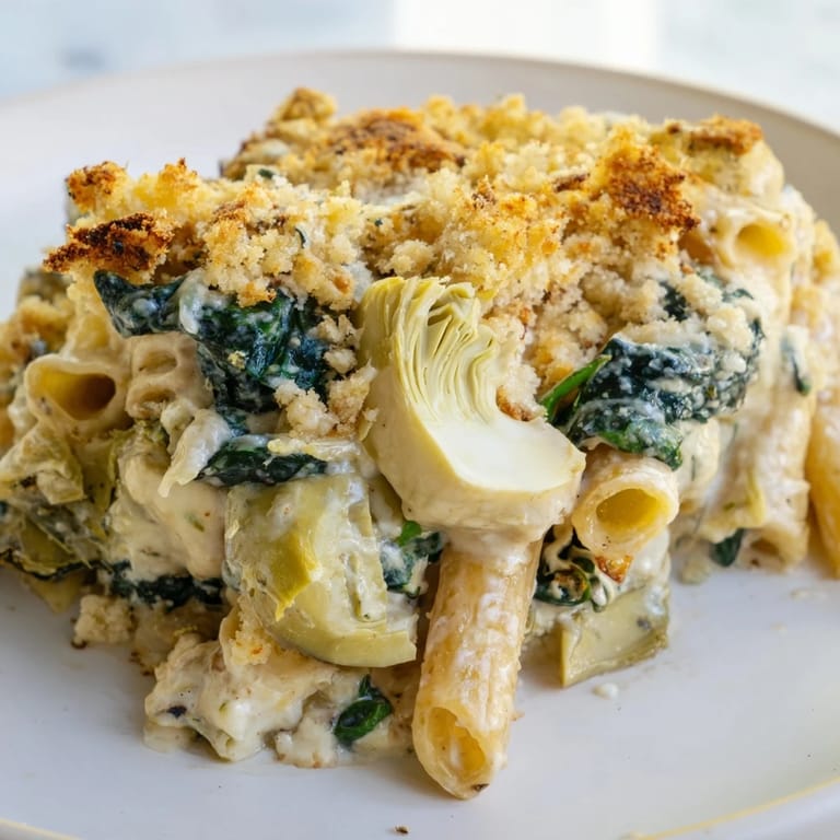 Fresh spinach and marinated artichoke hearts peek through the creamy Artichoke Pasta Bake, a comforting vegetarian casserole served in a white dish.