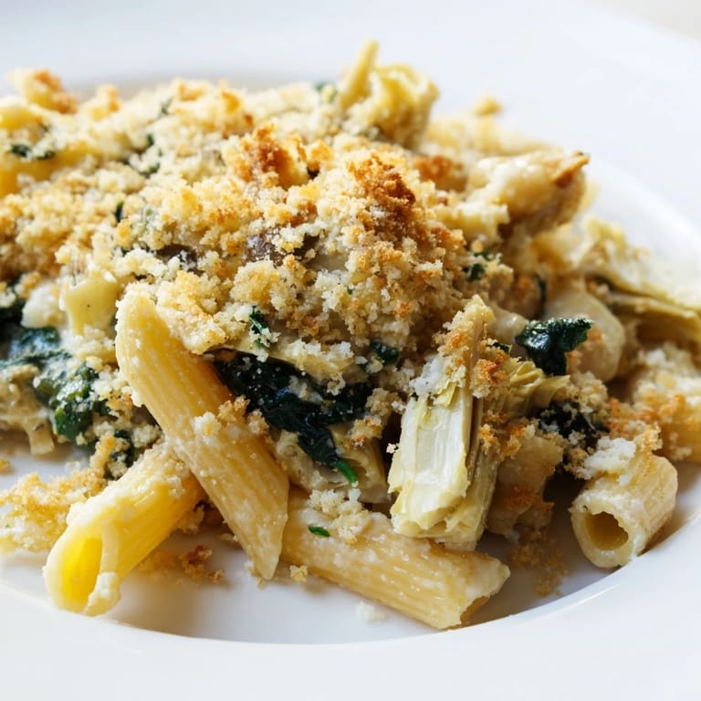A golden, bubbly Artichoke Pasta Bake emerges from the oven, revealing tender pasta, wilted spinach, and artichokes in a rich Parmesan cream sauce.