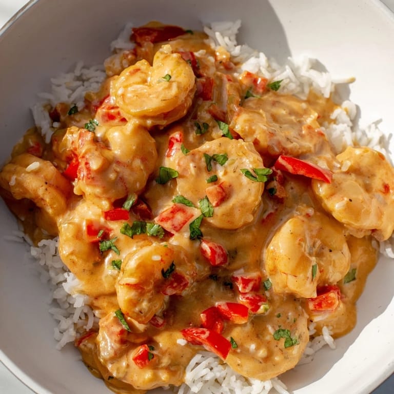 Spoon lifting saucy shrimp from Creamy Cajun Shrimp Rice Bowl, creamy sauce clinging to tender shrimp over white rice.