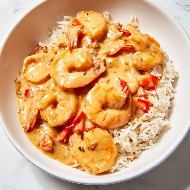 Plated Creamy Cajun Shrimp Rice Bowl ready to eat, rich sauce coating shrimp and flecks of red bell pepper.