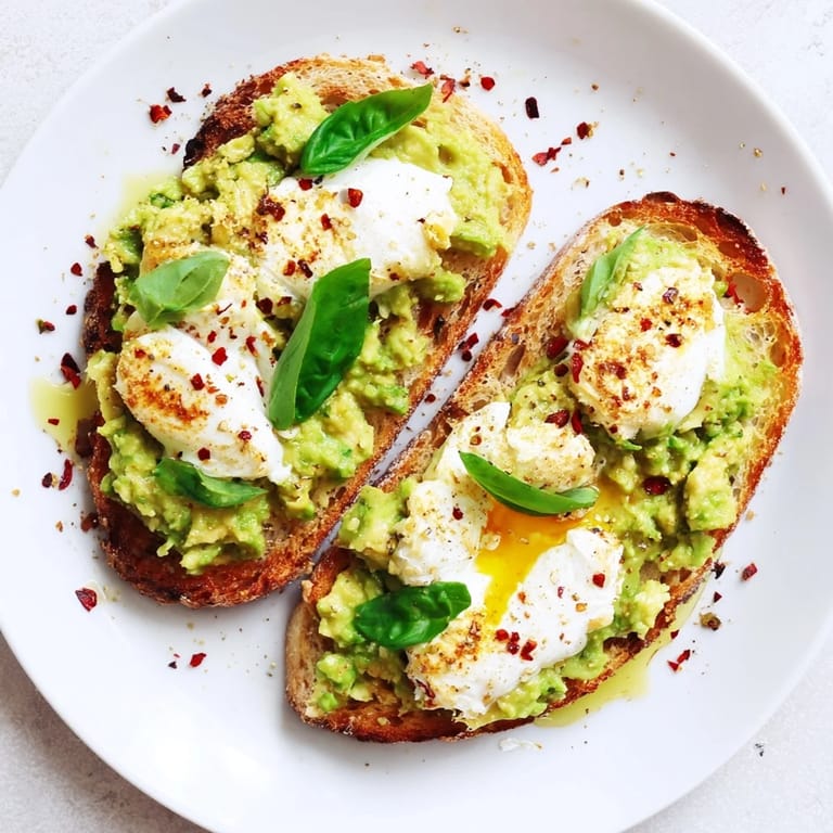 Golden, broiled mozzarella bubbles over mashed avocado on crisp bread, garnished with red pepper flakes for a perfect quick lunch.