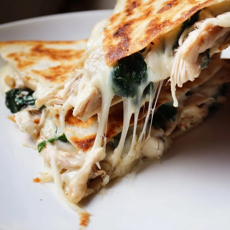 Close-up of a Chicken and Spinach Quesadilla slice revealing juicy filling, perfect for a quick weeknight meal.