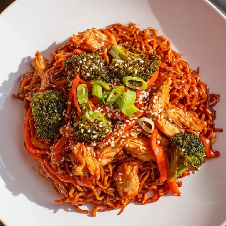 Hearty Spicy Ramen Stir-Fry plated in a warm bowl, garnished with green onions and toasted sesame seeds.