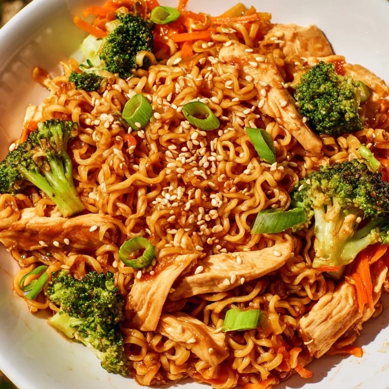 A close-up of Spicy Ramen Stir-Fry noodles clumping with fresh ginger and garlic, ready to be served hot.  