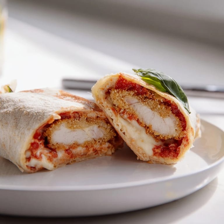 A hand holding a warm Crispy Chicken Parm Wrap, with gooey melted cheese and vibrant red marinara sauce spilling from the ends.