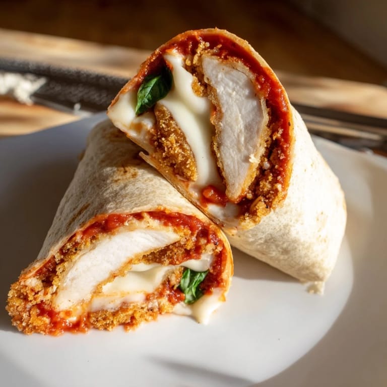 Close-up view of a Crispy Chicken Parm Wrap on a white plate, showcasing crispy breading and fresh basil garnish next to a small bowl of dipping sauce.