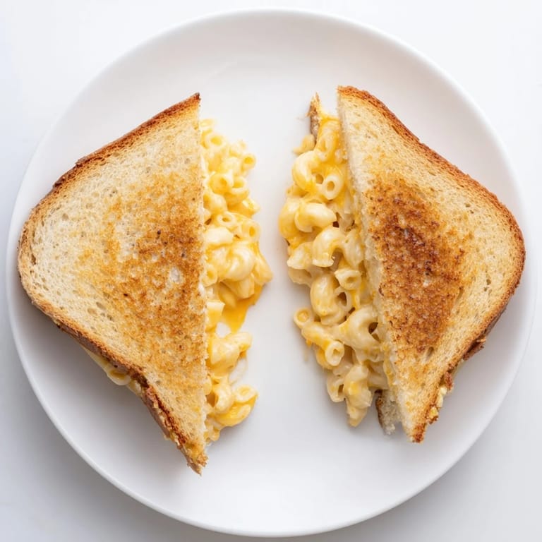 Creamy macaroni and cheese spills from a toasted Mac & Cheese Grilled Cheese sandwich on a plate.