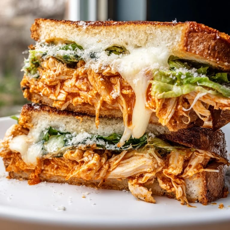 Sizzling Buffalo Chicken Caesar Grilled Cheese on a skillet with fresh romaine, showing crispy sourdough edges and melted cheese pull.  