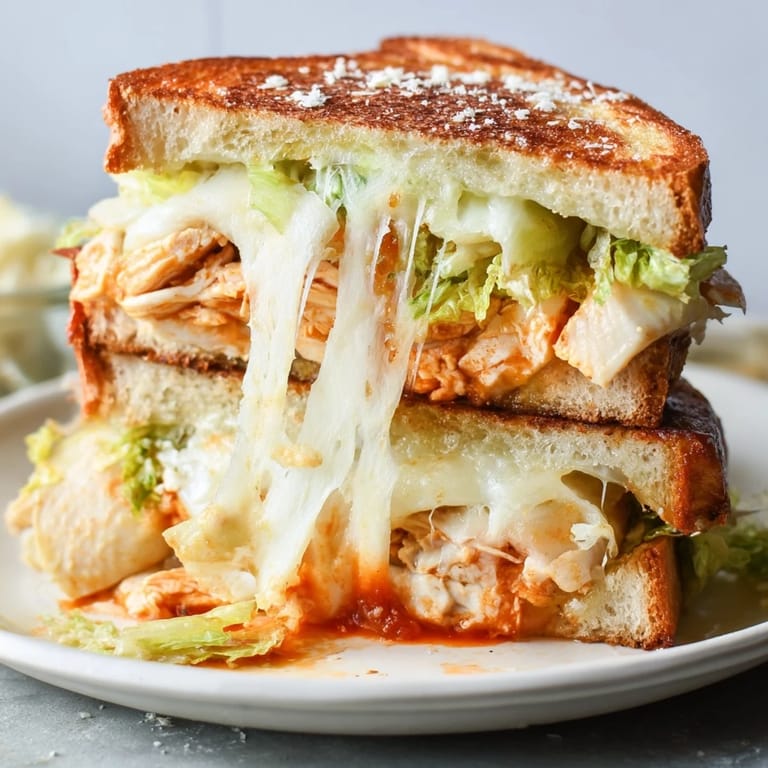 Close-up of a sliced Buffalo Chicken Caesar Grilled Cheese, revealing layers of shredded chicken, Caesar dressing, and provolone.
