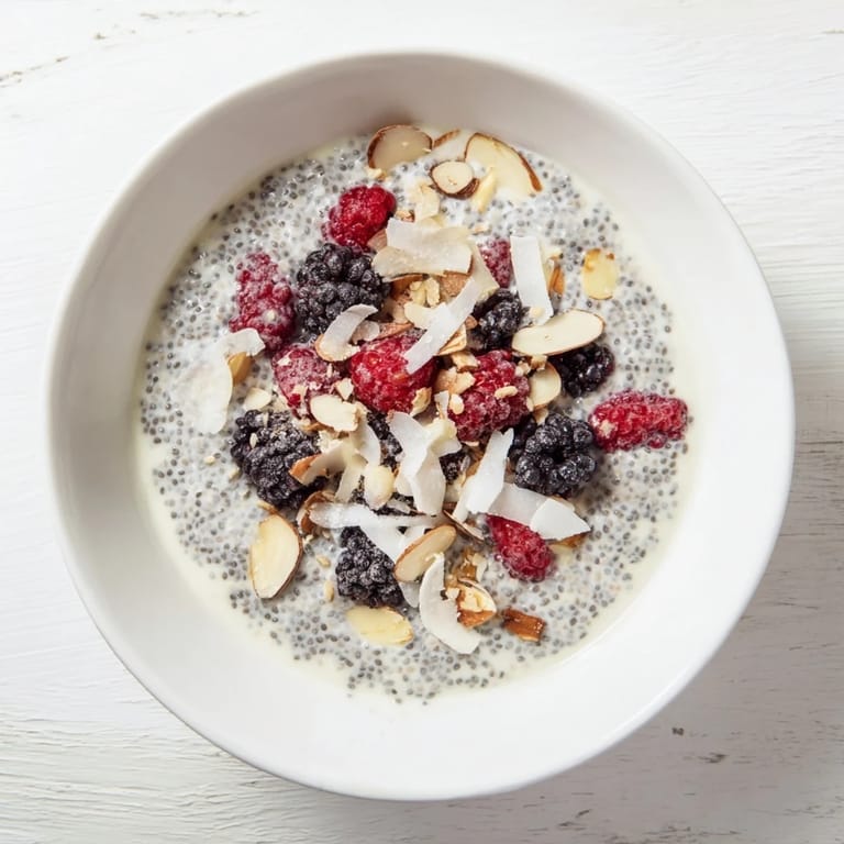 A close-up of chilled Poppy Seed Chia Pudding, showcasing its thick texture with a sprinkle of poppy seeds and shredded coconut on top.