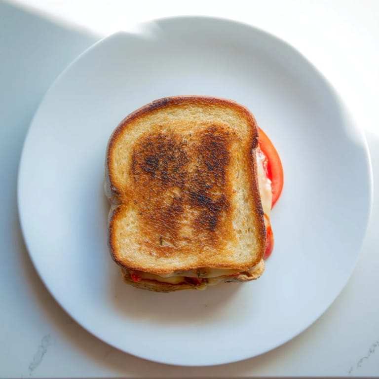 Slices of spicy pepper jack cheese and fresh tomato layered in a grilled cheese sandwich, ready to serve.