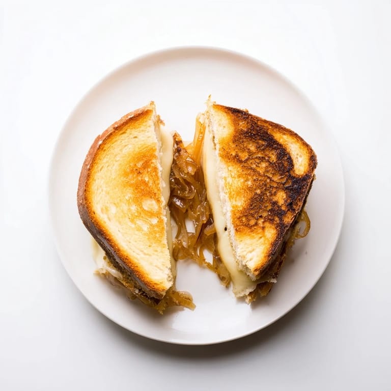 Two halves of a Caramelized Onion & Gruyère Grilled Cheese rest on a wooden board, ready for dipping into tomato soup.  