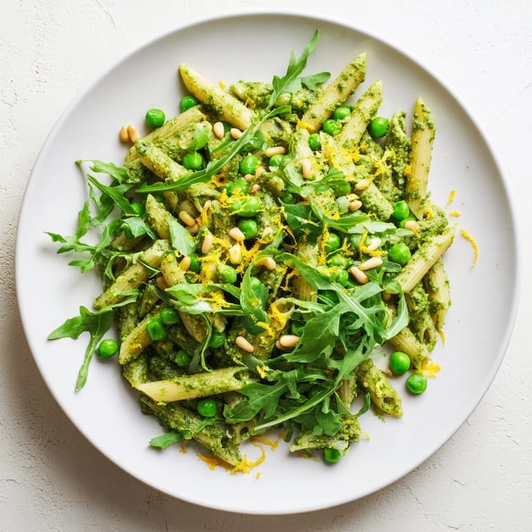 A close-up of Spring Green Pesto Pasta Salad showcasing creamy pesto coating fusilli, finished with crumbled feta and fresh lemon zest.