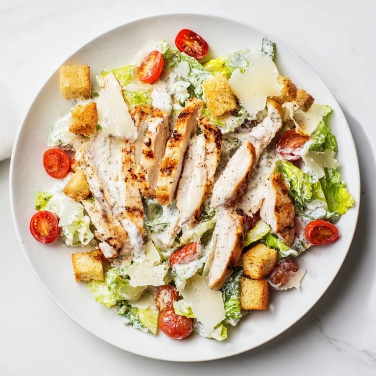 Sliced grilled chicken on romaine with tangy yogurt dressing, perfect for a healthy lunch.