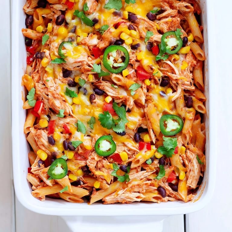 Freshly baked Chicken Burrito Pasta Bake served from the oven, garnished with chopped cilantro and a side of lime wedges for a zesty finish.