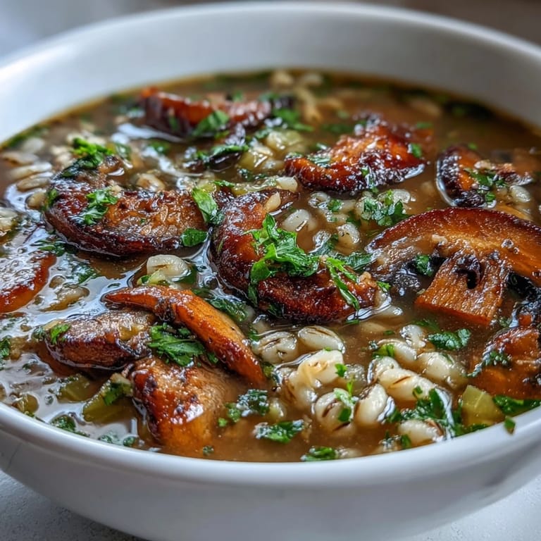Loaded Mushroom and Barley Soup garnished with fresh parsley, ready to serve.