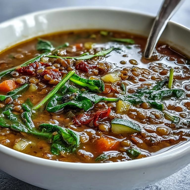 Lentil and Vegetable Soup simmering in a pot, filled with colorful diced vegetables and aromatic spices like cumin.  