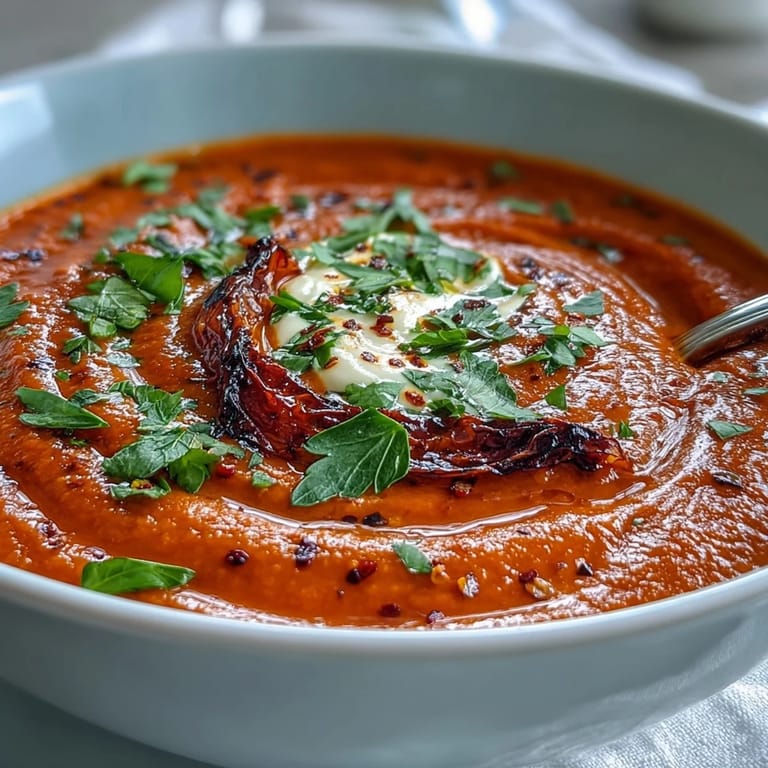 Savory roasted red pepper soup with subtle harissa spice, ideal for lunch.