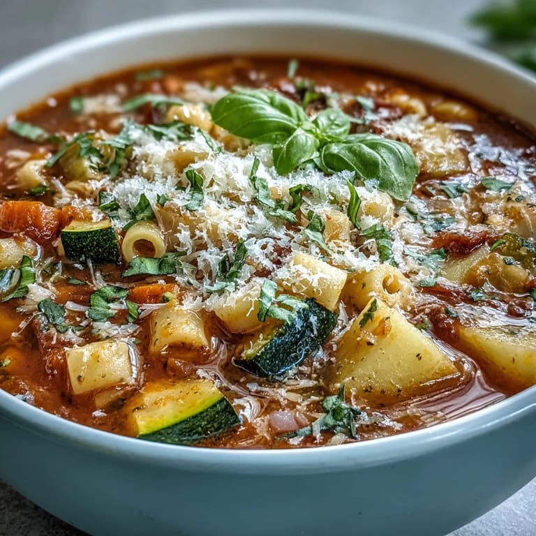 Comforting Minestrone Vegetable Soup, perfect for a cozy evening meal, served hot.